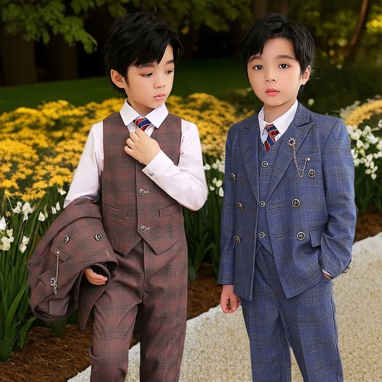儿童西服套装男童帅气格子西装男孩春秋季钢琴主持人走秀演出服