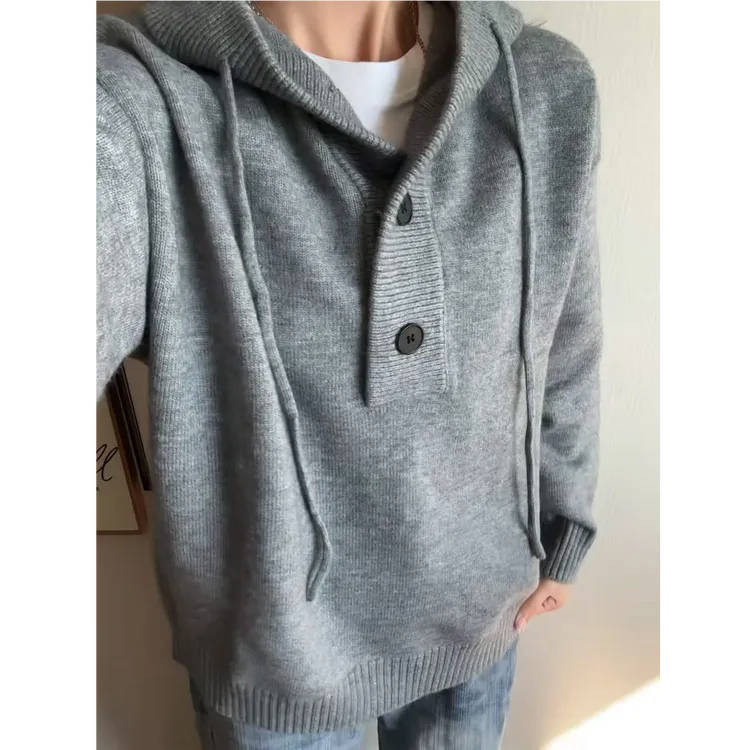 美式慵懒风连帽V领毛衣男秋季重磅高级感外套cleanfit情侣针织衫