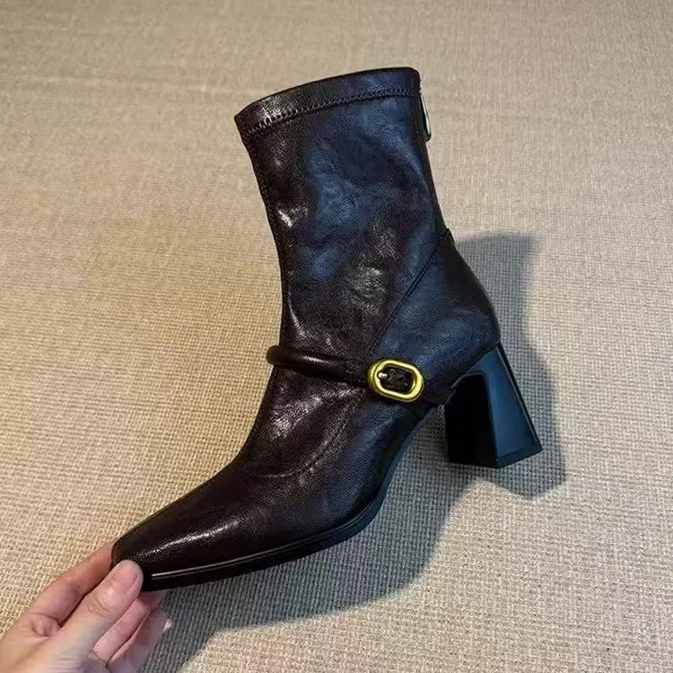 气质方头高跟加绒瘦瘦靴女法式粗跟复古后拉链时尚短靴弹力时装靴