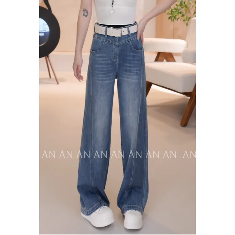 C02073新款时髦个性高腰水洗蓝色斜线直筒牛仔阔腿裤配腰带