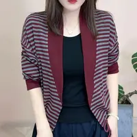 2025秋季新品时尚百搭显瘦宽松修身显瘦条纹设计女士短款开衫外套
