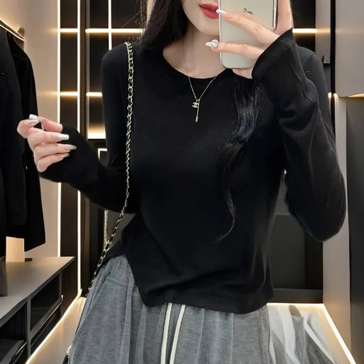 黑色开叉打底长袖T恤衫女春秋季新款时尚百搭圆领短款不规则上衣