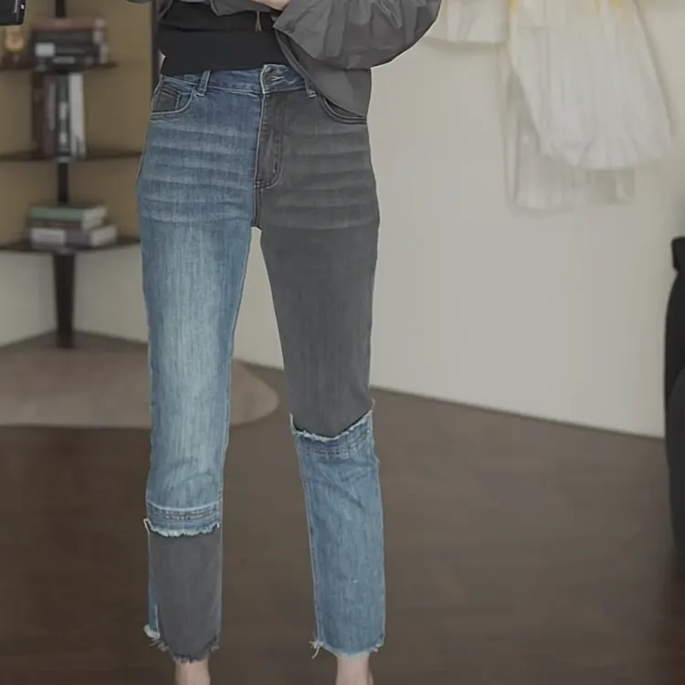 museguhui/木色古汇77077#拼色薄款牛仔拼接烟管裤2024（M裤长85）