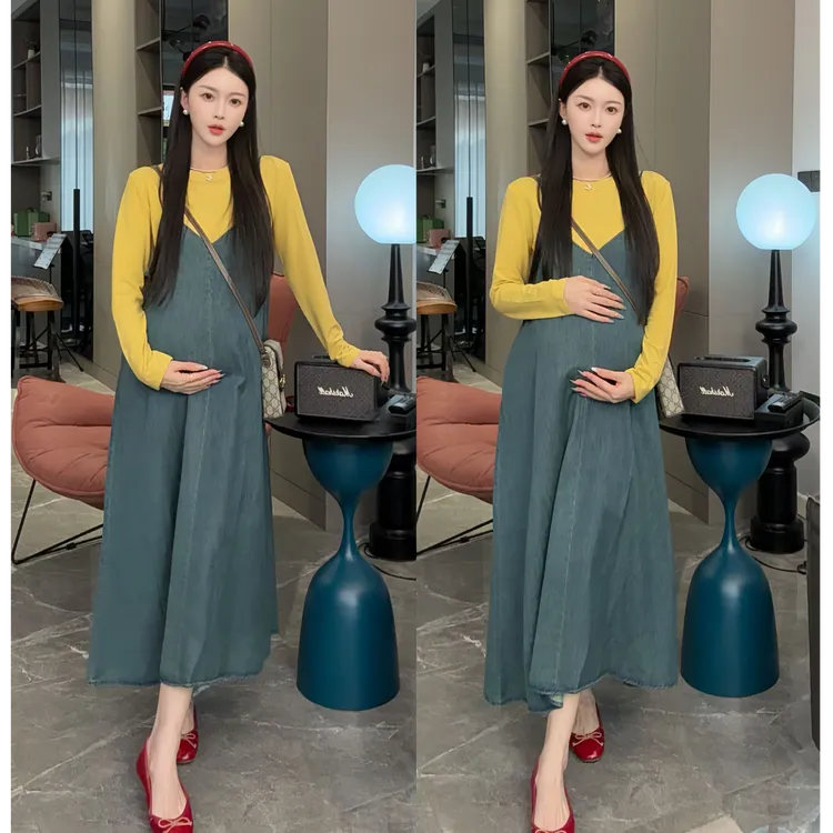 2025年时尚宽松显瘦长裙孕妇装夏季吊带中长款牛仔连衣裙两件套装