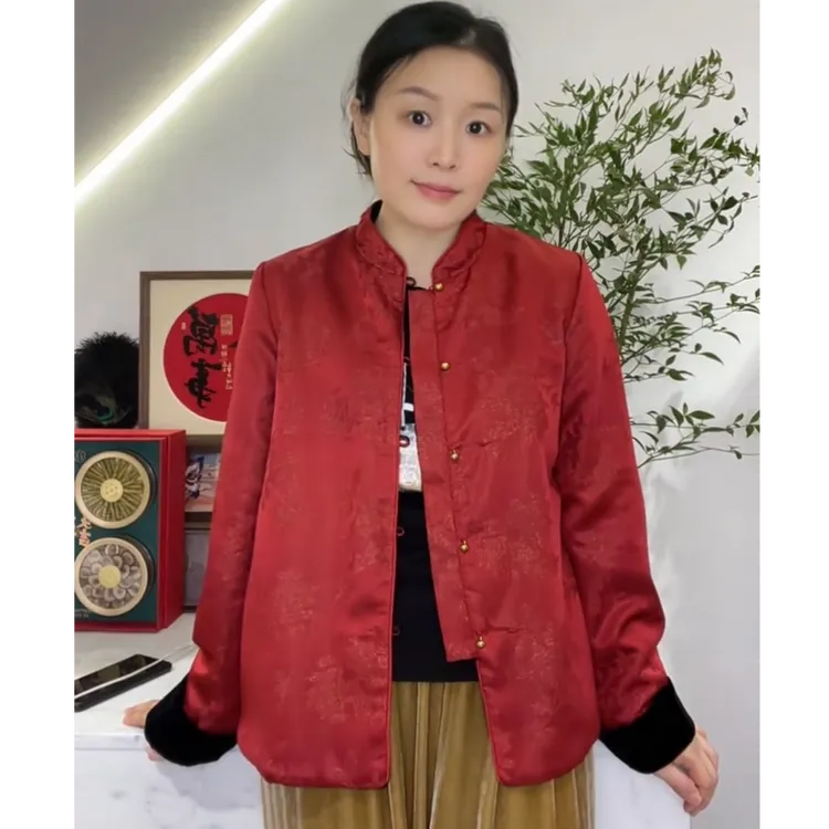 允陌 新中式国风盘扣真丝丝绒双面穿外套
