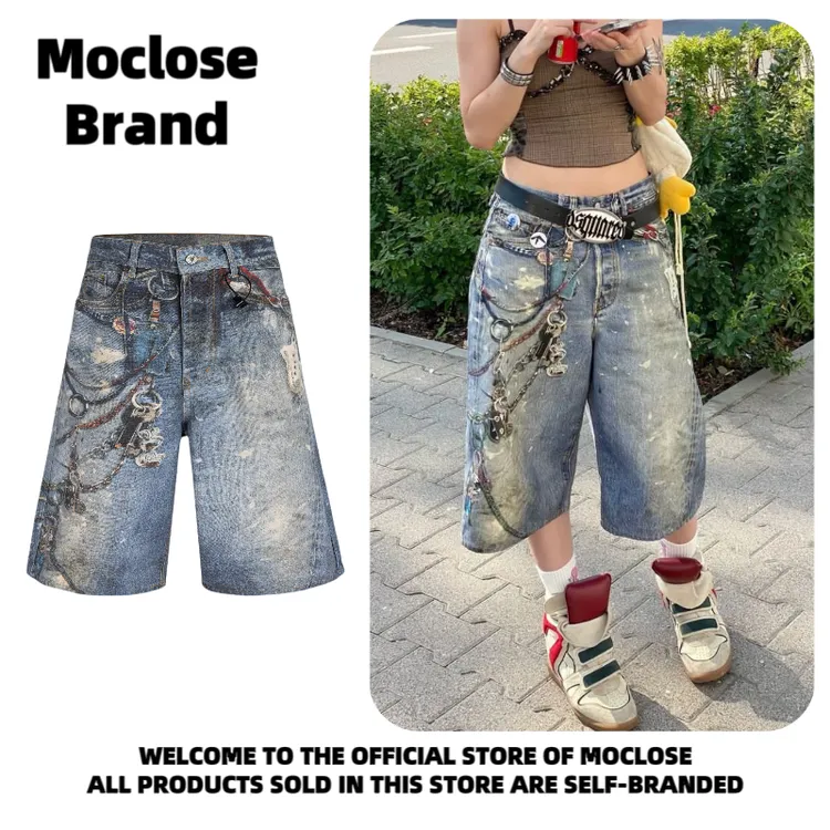 Moclose 美式街头春夏季休闲数码印花宽松男女款潮牌牛仔七分短裤