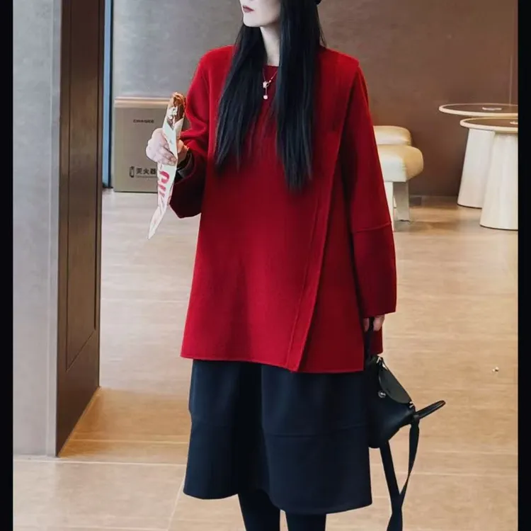 2025秋冬新款法式圆领宽松休闲高级感羊绒大衣女欧货不规则外套女