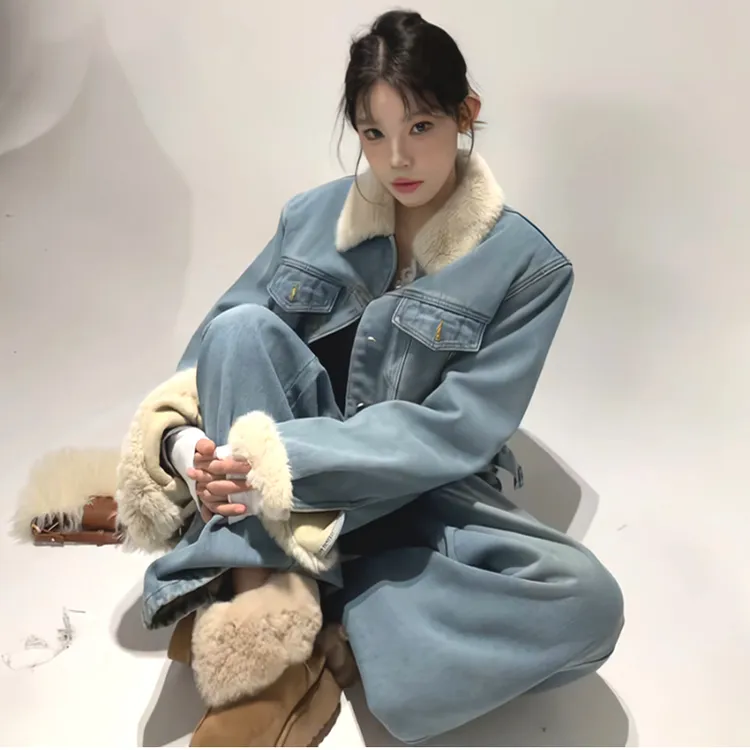 韩国东大门冬季洋气加绒加厚浅蓝牛仔套装女外套阔腿牛仔裤两件套