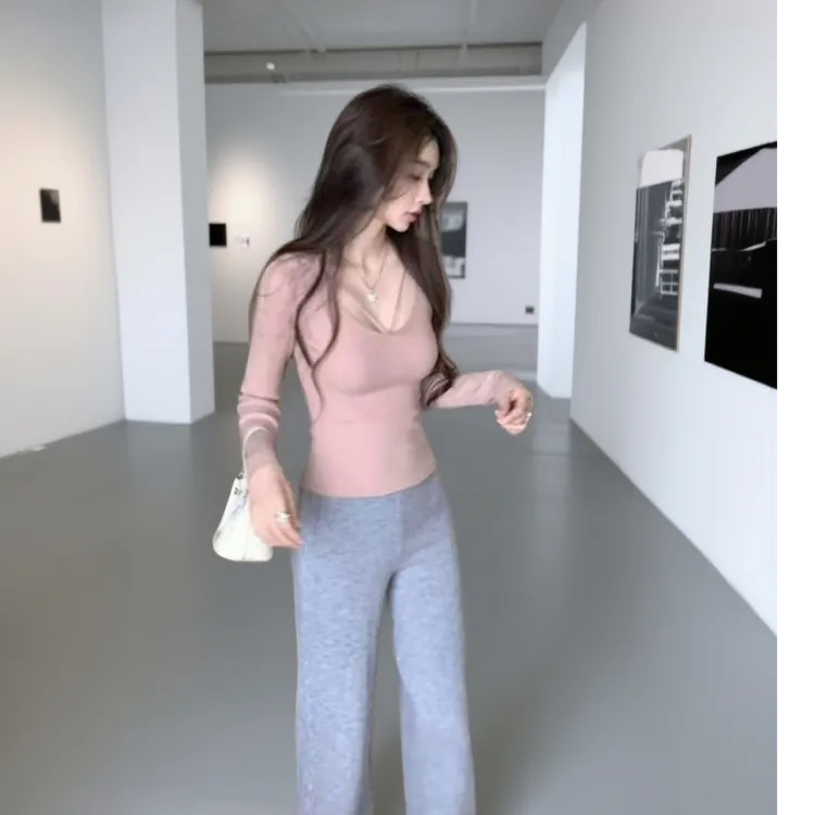 LINQI【纯欲打底】U领莫代尔长袖针织打底衫女纯欲性感修身套头上衣