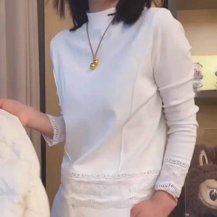 半高领极简蕾丝拼接长袖T恤女2025秋冬新款百搭洋气白色套头上衣