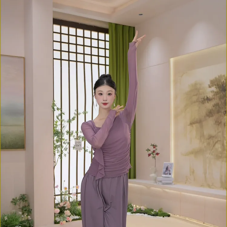 050褶皱水纱气质优雅短袖舞蹈服显瘦可外穿形体服上衣中国舞