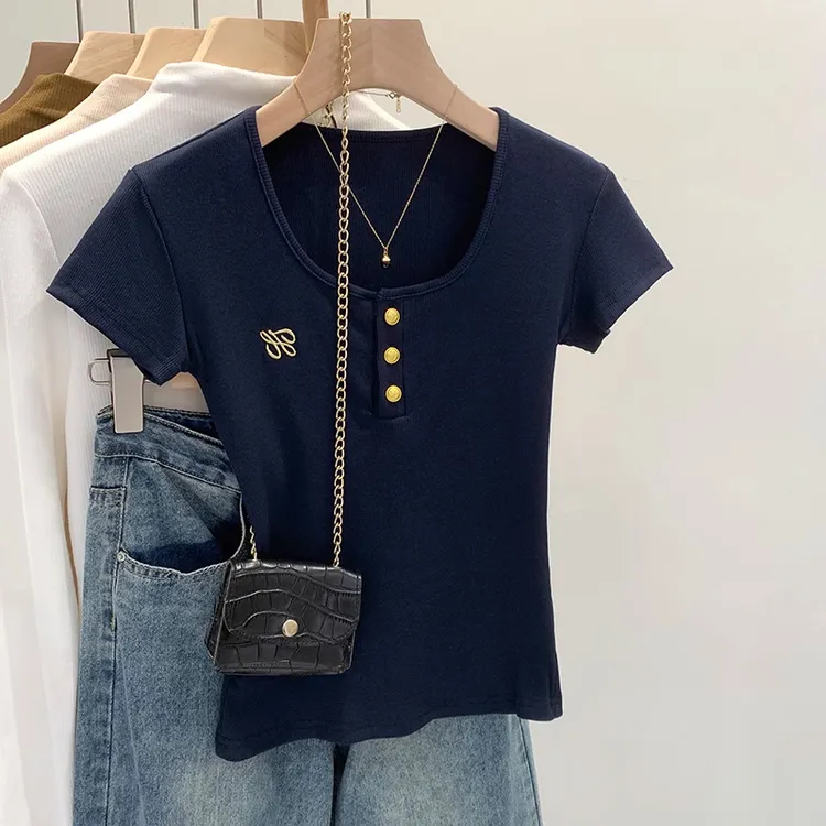 藏青色短袖气质简约上衣女夏季新款设计感u领时尚百搭T恤修身小衫
