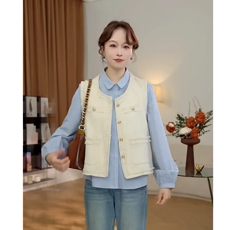 ⑦七七146小个子小香风流苏毛边高级感气质亚麻马甲女早秋款小美说