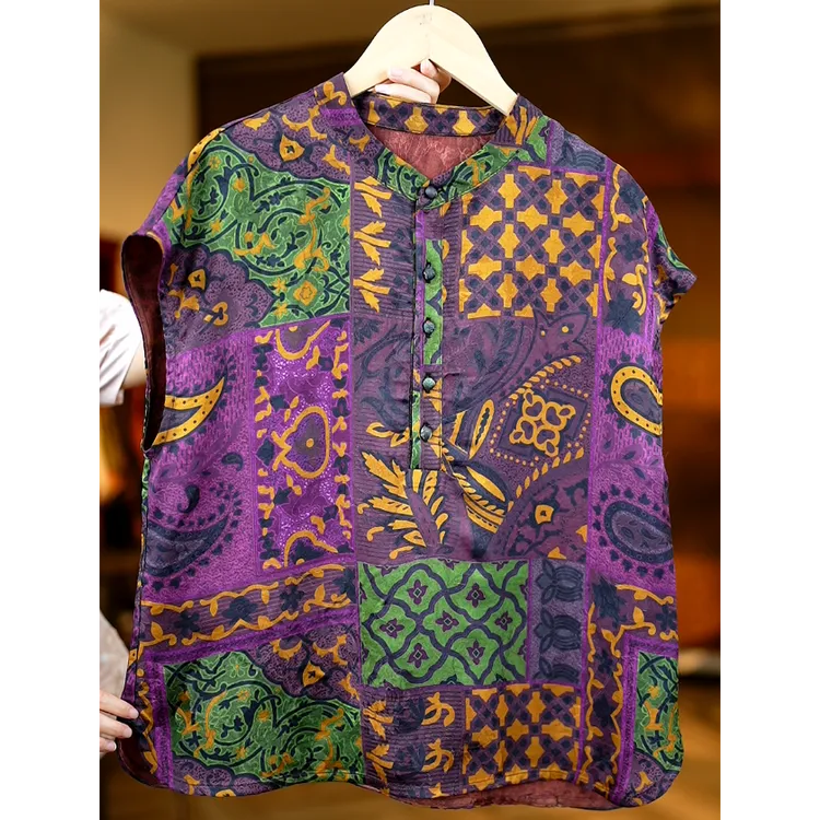 紫萝彩纹《非遗美学》1343夏季新款复古印花时尚上衣