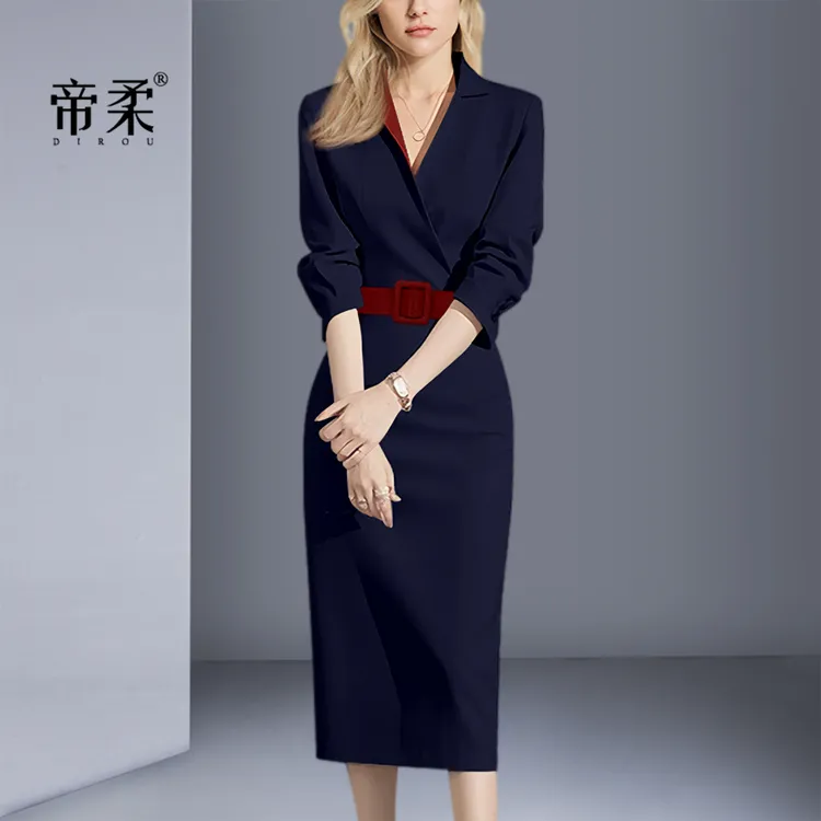 名媛气质收腰撞色西装裙2025秋季新款法式复古V领显瘦直筒连衣裙
