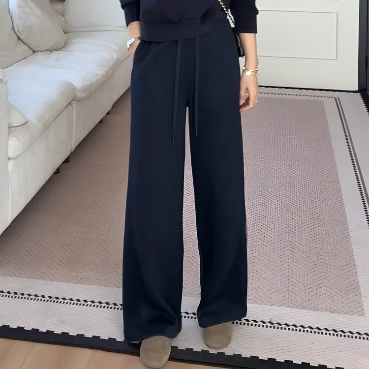 【余欢欢】秋季简约通勤风松紧腰直筒加厚羊毛长裤-YHK50376