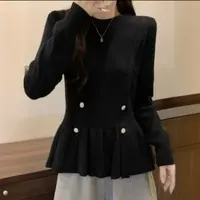 9263#收腰毛衣女秋冬大码胖妹妹显瘦上衣别致荷叶边针织打底衫