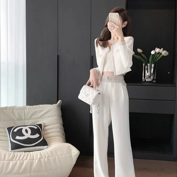 小香风套装女装2025秋装新款高级感气质休闲时尚白色阔腿裤两件套