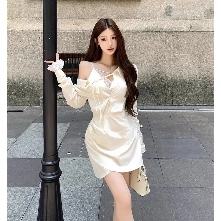 法式纯欲斜肩修身衬衫连衣裙女设计显瘦长袖百搭系带掐腰衬衣裙子