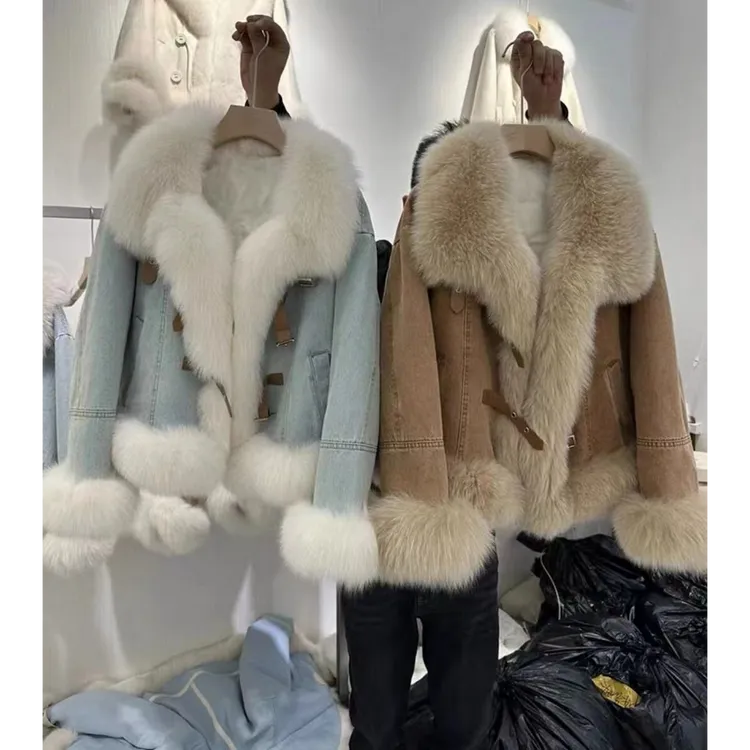 La Chapelle拉夏贝尔大毛领牛仔外套女秋冬款韩系小香风短外套