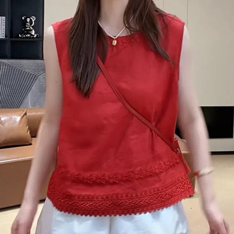 刺绣花边圆领无袖宽松百搭上衣中国风2025夏季新款时尚漂亮小衫女
