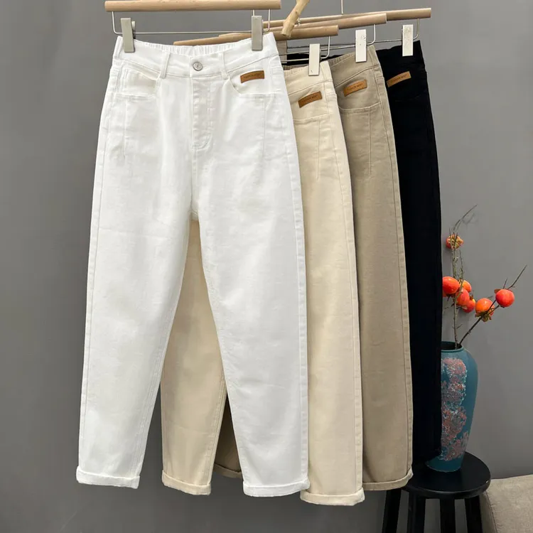 米白色春夏休闲牛仔裤女新款百搭松紧腰高腰宽松显瘦哈伦老爹裤女