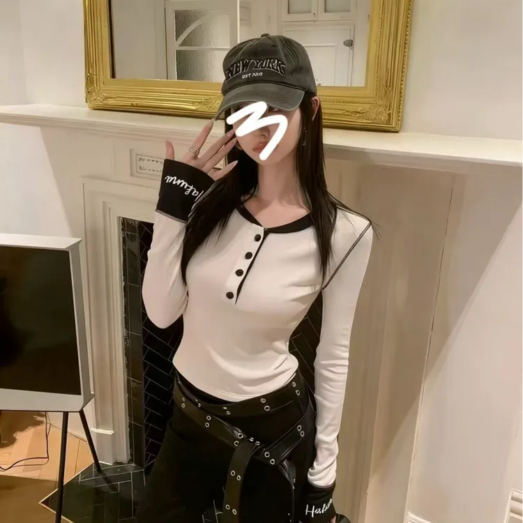 2025冬季加绒拼接撞色打底衫修身显瘦长袖T恤内搭上衣高级感