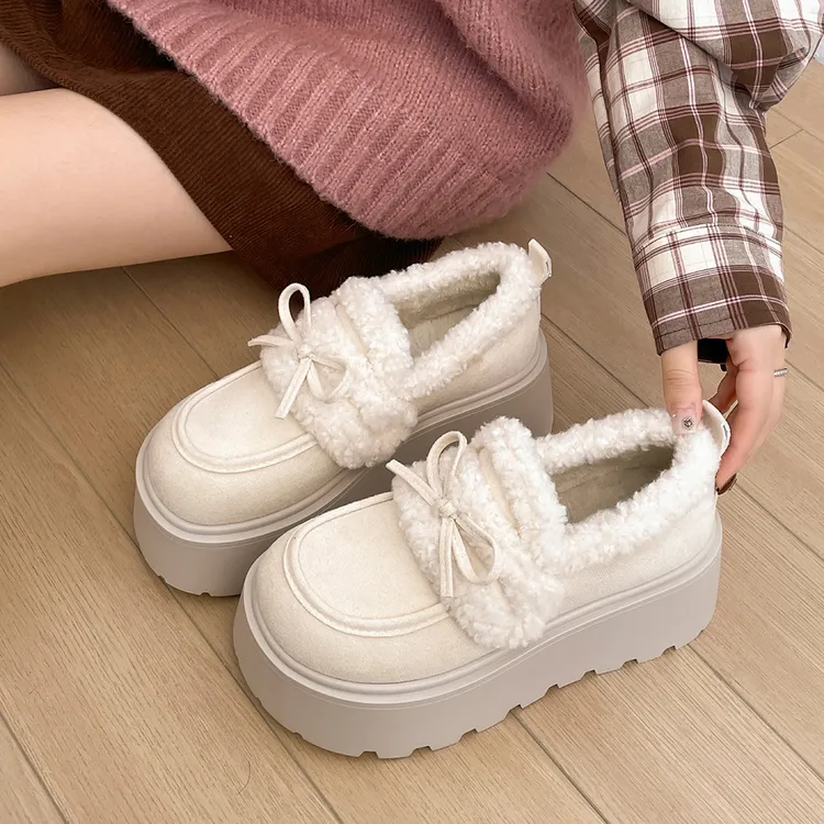加绒加厚保暖白色厚底雪地棉鞋女冬2025新款增高复古毛毛勃肯鞋子