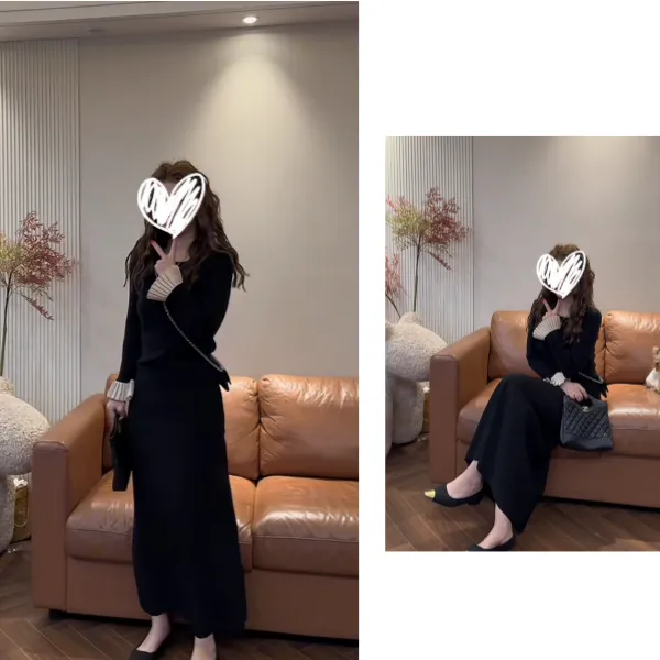 法式打底衫喇叭袖显瘦针织毛衣高腰百搭后开叉中长半身裙两件套女