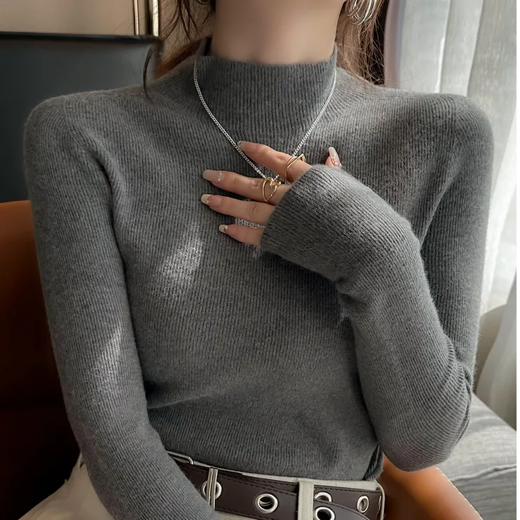 秋冬新款内搭高级感灰色半高领毛衣中领针织上衣打底衫女