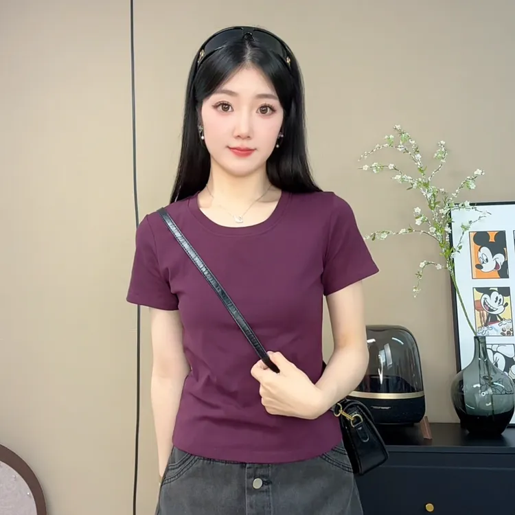 亲肤透气U领短袖T恤女2025夏季新款韩版百搭修身显瘦纯色打底上衣