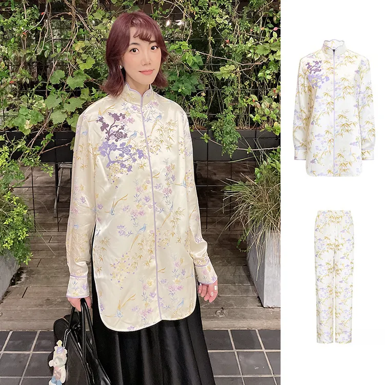 M essential  绘彩提花粉彩立体绣花花盆领衬衫长裤