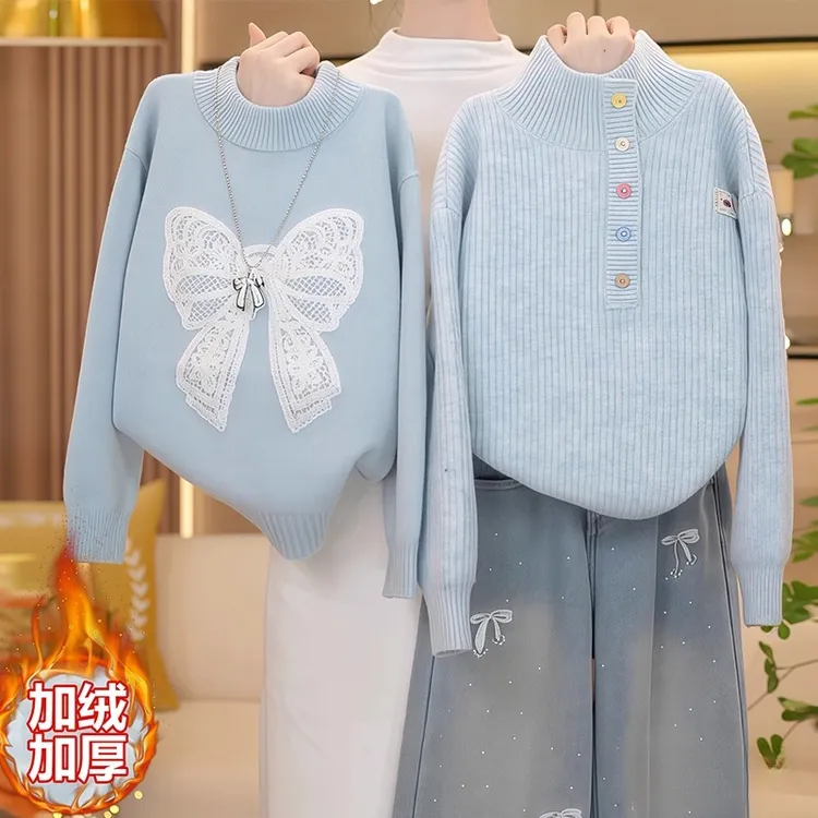 女童加厚蝴蝶结毛衣2025新款秋冬款刺绣内搭针织衫打底衫甜美蕾丝