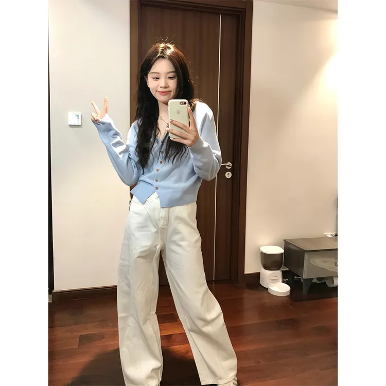 V领长袖收腰打底针织开衫短款上衣白色阔腿牛仔裤垂感拖地直筒裤