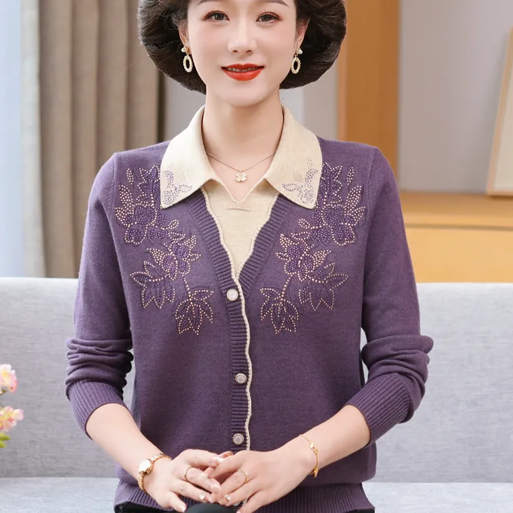 正品妈妈秋装针织毛衣洋气外穿假两件上衣中老年女装时尚打底套装