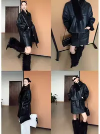 【冰岛极夜】小翻领加绒厚皮衣女宽松廓形口袋夹克皮毛一体外套