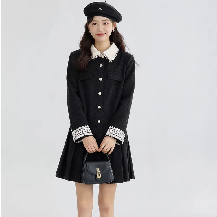 奢姿【暖冬】大码女装冬季撞色翻领袖口花边设计感气质连衣裙百褶裙