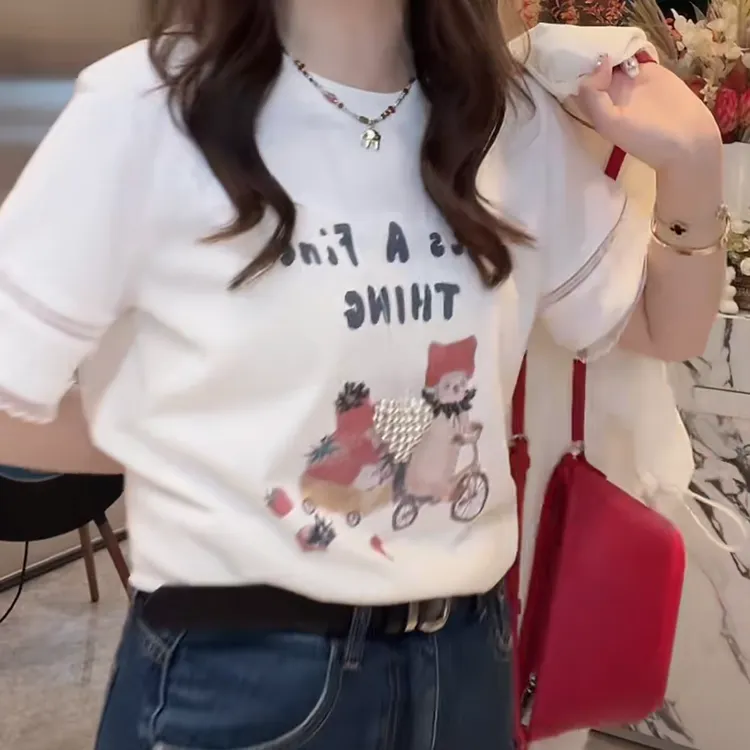 设计感时尚蕾丝宽松短袖T恤女2025夏季新款洋气圆领重工印花上衣