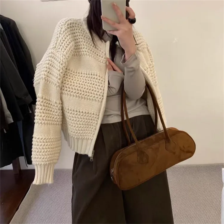 高级感复古菠萝针粗线针织开衫外套女秋冬新款宽松慵懒拉链毛衣厚