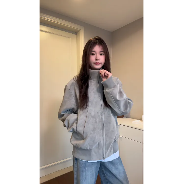 美式短款扎染皮衣夹克廓形冬季男款外套加绒保暖皮衣棒球飞行棉服