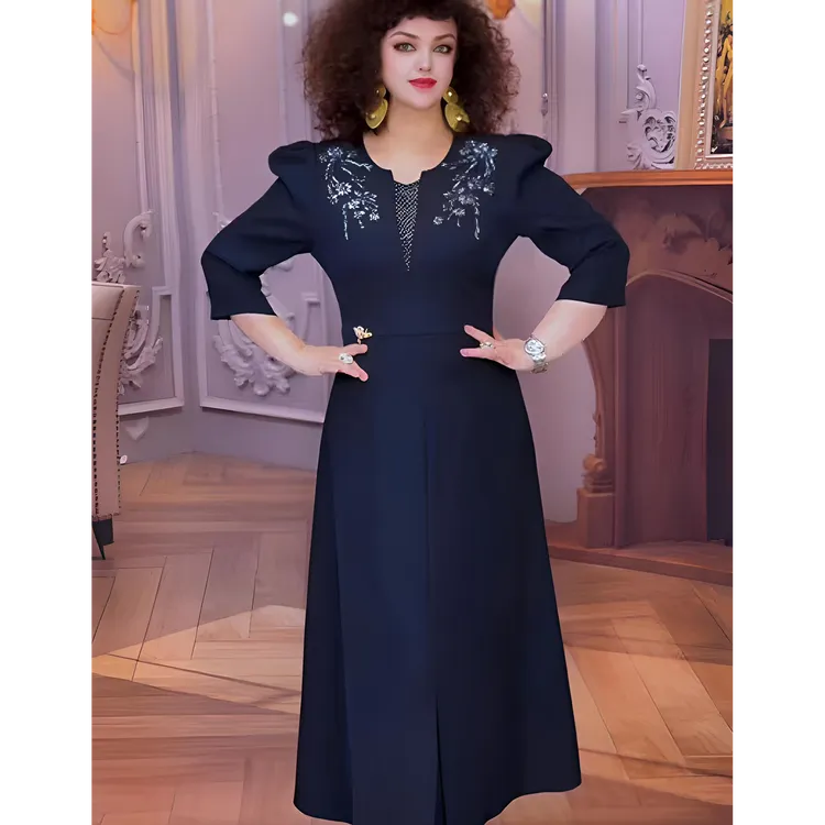 长裙藏蓝色拼色秋冬挂脖款连衣裙长款气质收腰优雅