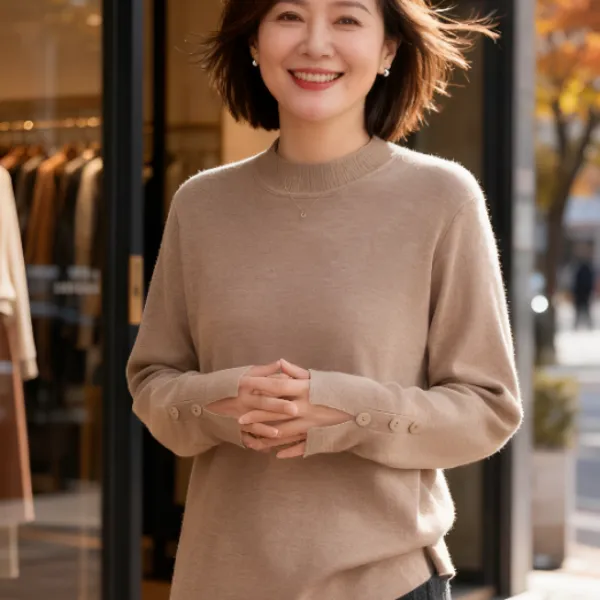 大码女装 胸108-126半高领袖口开叉纽扣休闲毛衣2330#