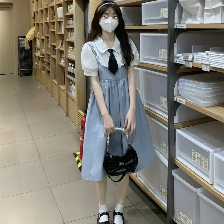 女大童连衣裙夏装新款12-16岁高初中生学院风甜美裙子森系假两件