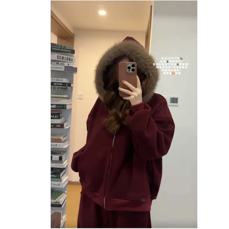 【北北专属】毛领休闲套装女2025秋冬新款加绒加厚毛领外套阔腿裤慵懒两件套