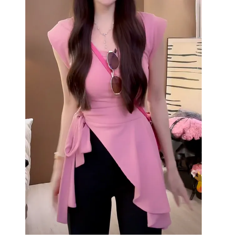 设计感收腰无袖背心+显瘦短袖女2025新款春夏小众通勤显瘦上衣