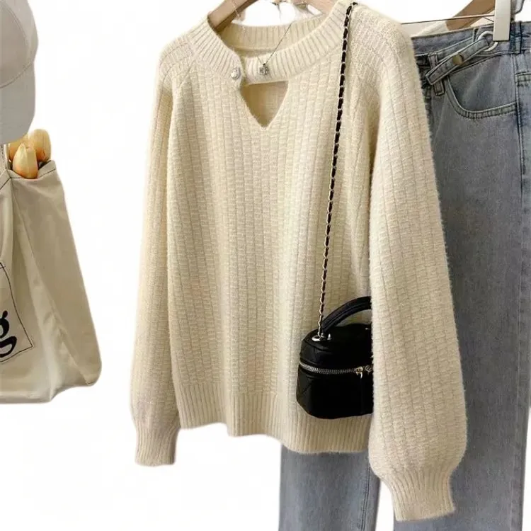 乐町【断码】领口镂空设计感华夫格亮丝纽扣针织衫女秋冬洋气宽松百