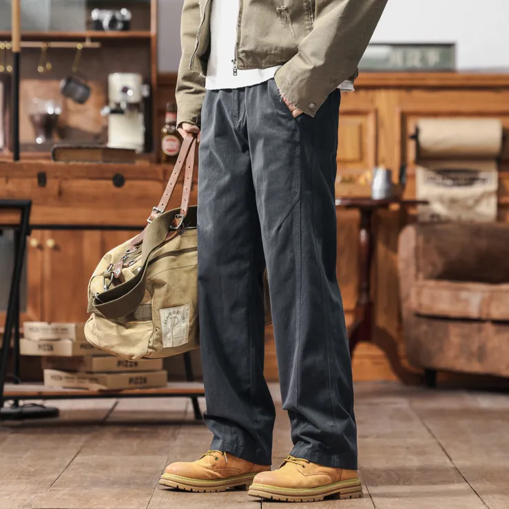 高端美式纯棉直筒休闲裤男秋冬加绒宽松复古潮流简约百搭工装裤子