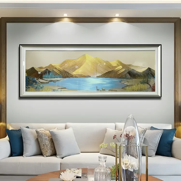 苏绣织锦聚宝盆山水画高端客厅沙发背景墙装饰画