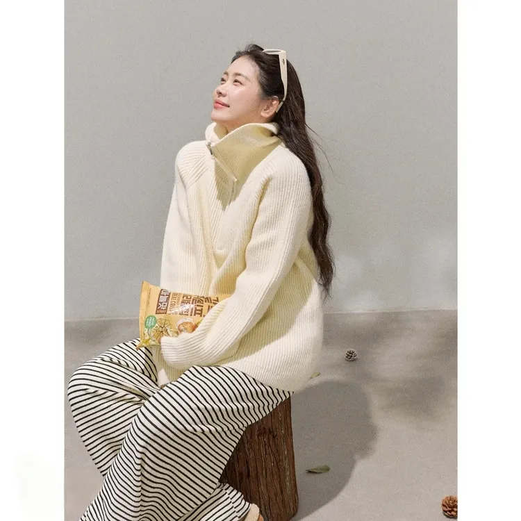 胖mm大码洋气韩版显瘦时尚拉链翻领套头百搭宽松毛衣女长袖针织衫