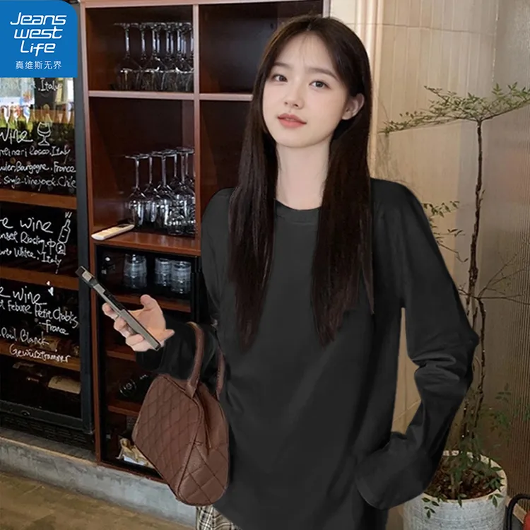 真维斯无界女200g纯棉T恤秋季长袖宽松纯色垂感新款复古百搭上衣